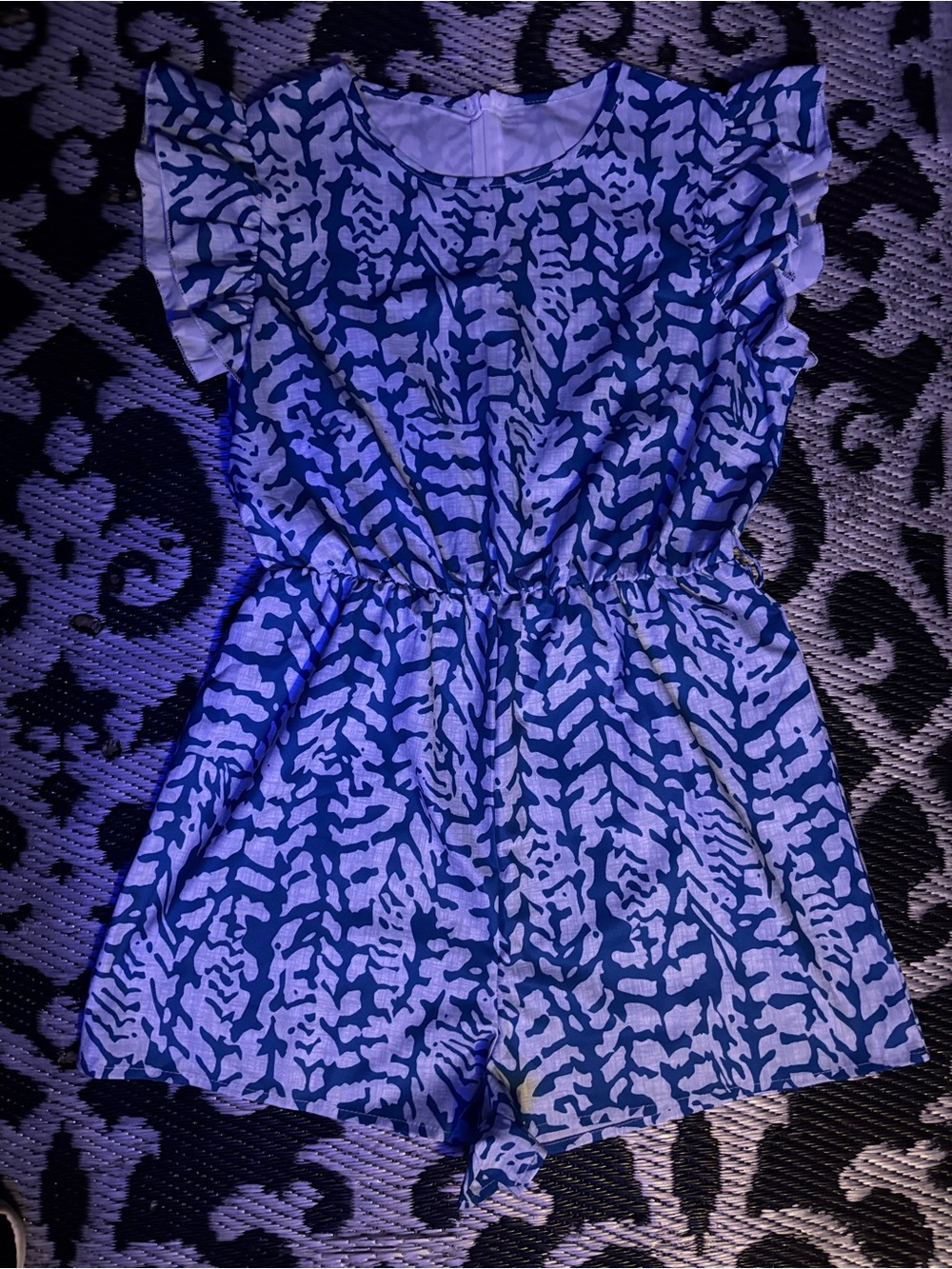 SHEIN Blue Printed Ruffle-Sleeve Romper